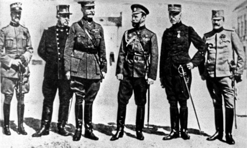 Russian czar nicholas ll with representatives of allied armies, 1915, moscow, russia.