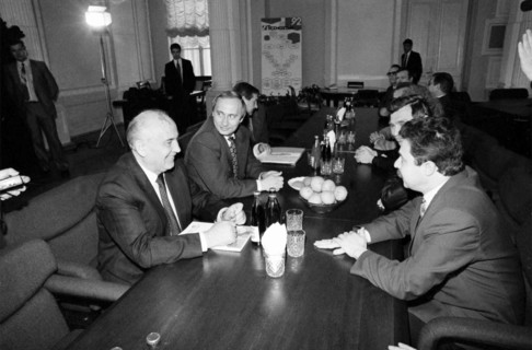 Ex-president of ussr mikhail gorbachev meets with i, baskin, a representative of the board of directors of the tikhnokhim company, april 25th, 1994, future president of russia, vladimir putin, sits on...