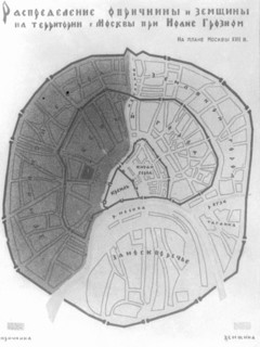 A map of medieval moscow divided in oprichnina (the administrative zones established by czar ivan 4, ivan the terrible, the map was drawn according to a description in a book written by the oprichniki...