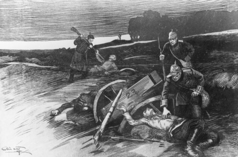 A world war one period popular print: german soldiers loot killed russian soldiers and kill the wounded.
