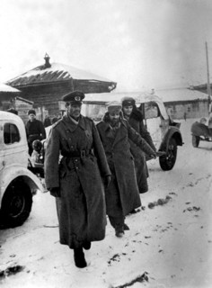 Stalingrad, ussr, february 1943: german field marshal von paulus taken prisoner with members of his staff after the nazi defeat.