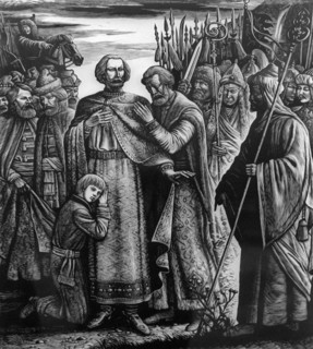Prince michael on kulikovo field, battle of kulikovo, 1380, victory of grand duke dmitri donskoi of moscow over khan mamai of the golden horde, the battle was fought on a plain by the don near the pre...