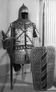 Slav armor, ancient russian warrior's armor, spear, sword and shield, 13th-14th century.