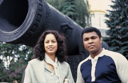 American boxer, muhammad ali, with his wife veronica standing by the tsar cannon in the kremlin during their visit to the soviet union in 1978.