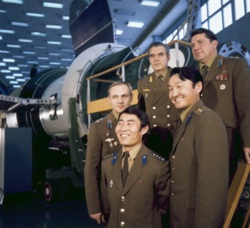 Pilot-cosmonaut and hero of the soviet union a, nikolayev (center, back) with cosmonauts training for the soyuz 39 joint soviet/mongolian space mission, left to right, vladimir dzhanibekov, maidarzhav...