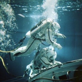 Cosmonauts training in a hydro laboratory at the gagarin cosmonaut training center, 1980.