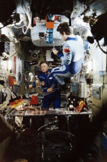 Cosmonauts vladimir kovalyonok (soyuz 29, right) and sigmund jahn from the gdr (soyuz 31) aboard the salyut 6 space station, august 1978.