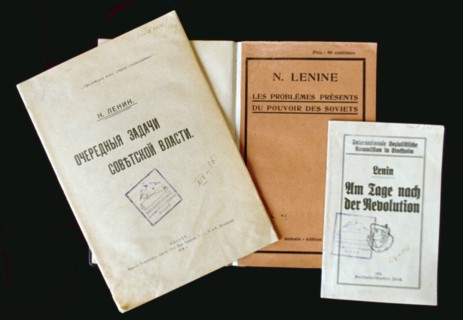 Writings of v, i, lenin in russian, french, and german editions at the gorky leninskiye museum in moscow, russia.