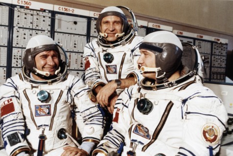 Salyut 6, soyuz t-3, soviet cosmonauts gennady strekalov, oleg makarov, and leonid kizim during training, 1980.