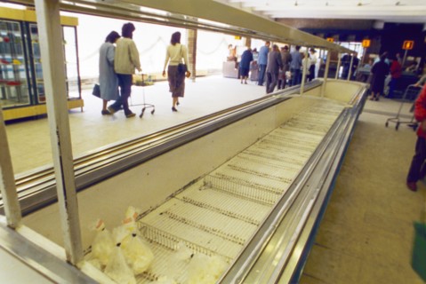 Empty meat cases at grocery store n4 in moscow, restrictions on the sale of food and consumer goods to non-muscovites, imposed by the capital's new authorities, hasn't done much to increase the select...