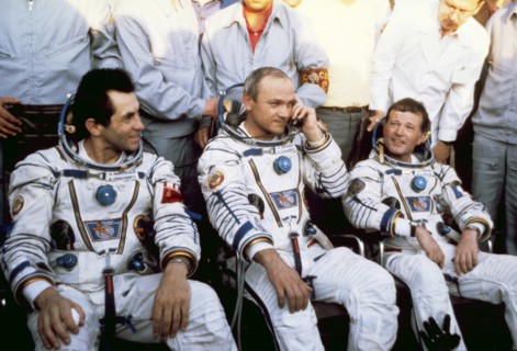 Salyut 7, soyuz t-6, cosmonauts aleksandr ivanchenkov, vladimir dzhanibekov, and jean-loup chrétien (france) during training, 1982.