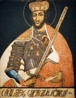 Alexander nevsky depicted as a warrior saint in a portrait by an unknown artist from the early 18th century, state history museum, moscow.