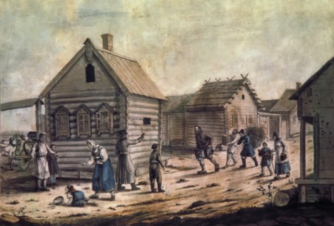 Arrival of the village mistress', a watercolor painting from the 1850s.