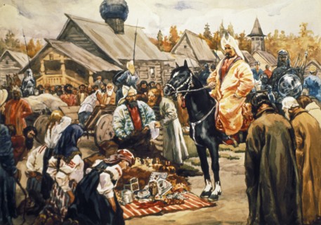 A tartar of the golden horde exacting tribute from russian people in the 13th century, (20th century soviet watercolor painting, unknown artist).