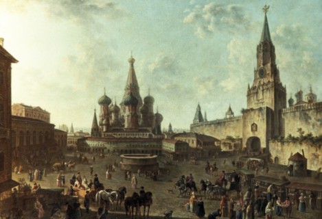 An oil painting of red square in moscow by fyodor alexeyev (1801).