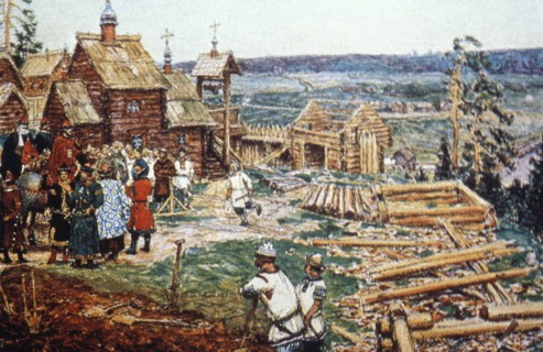 Depiction of the construction of the moscow kremlin out of logs under the reign of yuri dolgoruky in the 12th century.