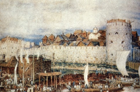 Moscow kemlin in the 14th century, in the days of dmitri donskoi, painting by apollinari vasnetsov.
