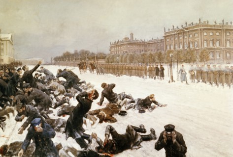 Bloody sunday, painting by i, vladimirov of tsar nicholas' troops shooting demonstrators outside of the winter palace in st, petersburg on january 22, 1905.