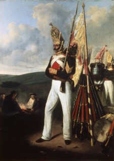 Painting of an infantry soldier of the russian pavlovsky regiment at the time of the battle of borodino during the war of 1812 with napoleon.