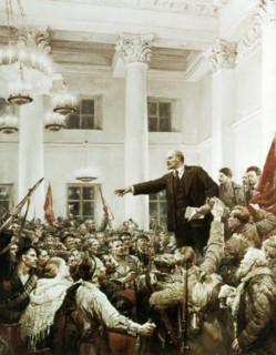 Lenin declaring soviet power' by v, serov, this is the second version of this painting with stalin, sverdlov, and dzerzhinsky added.