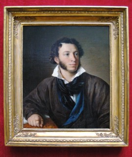 A portrait of alexander pushkin by vasily tropinin at the the state tretyakov gallery in moscow, russia.