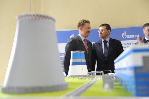 St petersburg, russia, april 8, 2011, gazprom ceo alexei miller, boris vajnzikher (vainzikher), tgc-1 general director, chairman of st, petersburg heating grid board of directors, l-r, attend the laun...