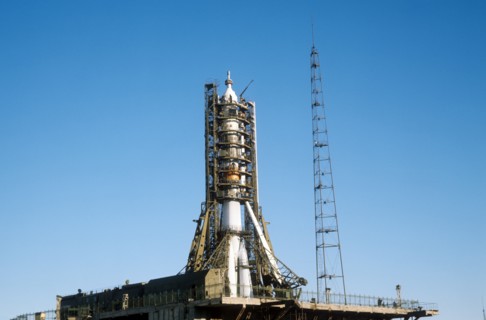 The soviet soyuz 11 spacecraft on the launch pad prior to launch, june 23, 1971.
