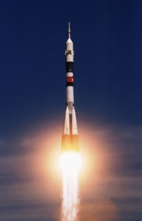 Baikonur launch pad, kazakhstan , april 28, 2001, a soyuz rocket with world's first space tourist, dennis tito, seen being successfully blasted off from baikonur space port, a soyuz tm space vehicle w...
