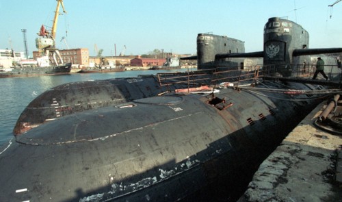 Maritime territory,russia, october 21, 1999, four russian strategic missile nuclear-powered submarines no longer in use by the pacific fleet pictured mooring at the 'zvezda' far-eastern shipbuilding w...