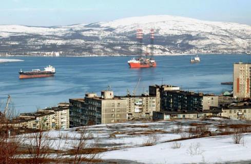 Ships off the eastern shore of the kola bay, barents sea, murmansk, russia, april 17, 2006.