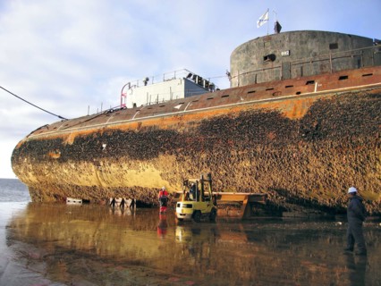 Murmansk region, russia, september 08, 2006, the decommissioned nuclear-powered submarine k-60 with a reactor aboard is transported on the dockwise (dutch heavy lift shipping company) semi-submersible...