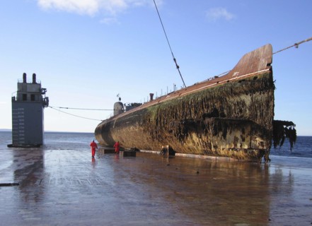 Murmansk region, russia, september 08, 2006, the decommissioned nuclear-powered submarine k-60 with a reactor aboard is transported on the dockwise (dutch heavy lift shipping company) semi-submersible...