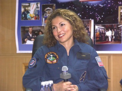 Baikonur, kazakhstan, september 17, 2006, american space tourist anousheh ansari smiles for a photo, the 14th iss crew is to launch from the baikonur cosmodrome on september 18, the tma 9 spacecraft i...