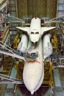 Baikonur cosmodrome, kazakh ssr, ussr, the launch vehicle 'energia' with the buran spacecraft on the launch pad, october 24, 1988.