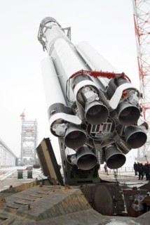 A russian-built proton m rocket is being placed on its launch pad at the baikonur cosmodrome in kazakhstan, december 12, 2006, the rocket will launch the measat-3 satellite into orbit to improve malay...