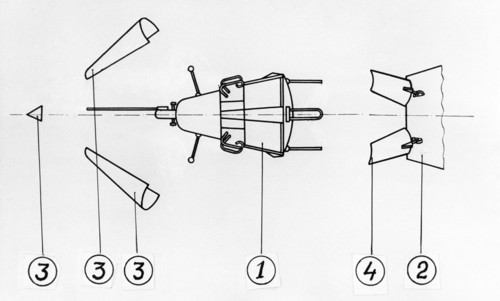 Moscow region, ussr, satellite separation, scheme: 1, satellite, 2, launch vehicle, 3, separating protection cone, 4, satellite flaps, 1958.