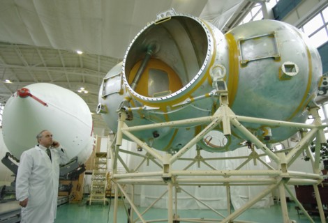 Chief designer of fregat-grunt vladimir asyushkin stands near the fregat upper stage in an assembly shop of the federal state unitary enterprise (fgup) lavochkin research and production association (n...