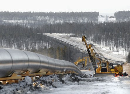 Yakutia, russia, march 21, 2007, a section of the eastern siberia-pacific ocean oil pipeline, the longest one in russia, is under construction, when completed, it will carry oil from eastern siberia t...