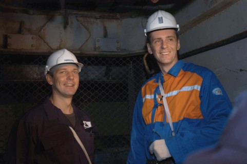 Norilsk, russia, march 21, norilsk nickel ceo mikhail prokhorov and companyi´s future ceo denis morozov, r-l, tour the oktyabrsky mine of the norilsk nickel.