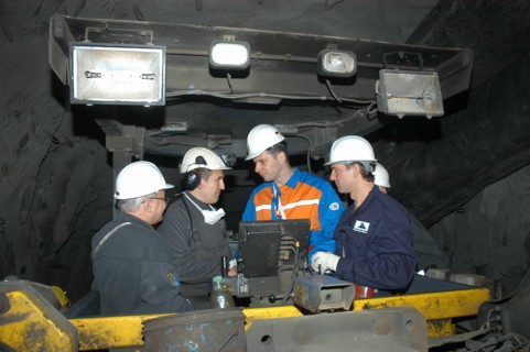 Norilsk, russia, march 21, 2007, norilsk nickel ceo mikhail prokhorov, second from right, and companyi´s future ceo denis morozov, right, talk to miners while touring the oktyabrsky mine of the norils...