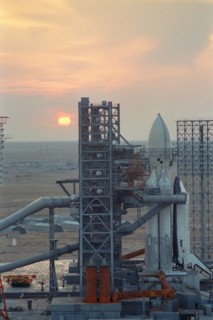 Baikonur cosmodrome, kazakh ssr, ussr, the launch vehicle 'energia' with the the buran spacecraft on the launch pad, october 22, 1988.