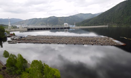 Khakassia, russia, june 18, 2007, trout and sturgeon fish farm in maina hydroelectric power station reservoir, khakassia.