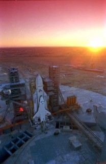 Baikonur cosmodrome, kazakh ssr, ussr, the launch vehicle 'energia' with the the buran spacecraft on the launch pad, october 1988.
