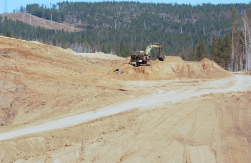 Zabaikalsky region, russia, may 6, 2008, at the construction site of the by-pass section of the federal highway a-166 chita-zabaykalsk near the bridge across the ingoda river.