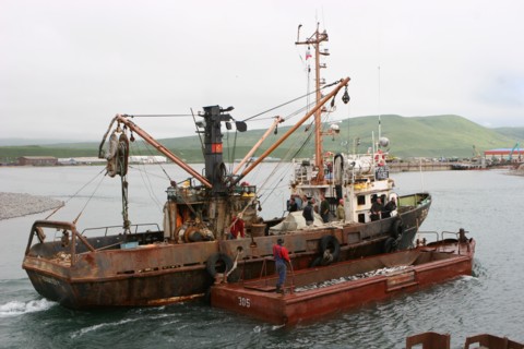 Salmon fishing, fishing boats on the ozernaya river in kamchatka, russia, july 21, 2008.