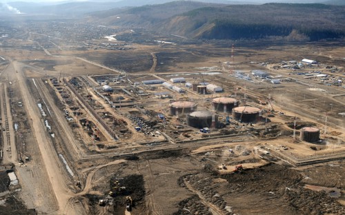 Amur region, russia, april 27, 2009, aerial view of skovorodino pump station at which a proposed russia-to-china pipeline branches off from the eastern siberia – pacific ocean (espo) oil pipeline.