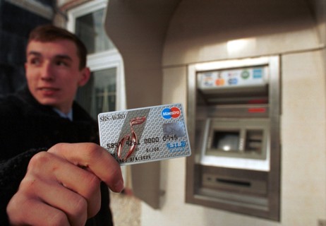 A cash dispenser (atm) in moscow city center, russia, 1998.