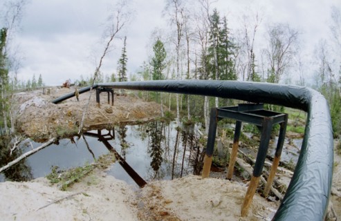 The tyumen area, 1995, the sugmut deposit located among bogs between of nadym and purya, is one of the largest on stocks of oil in western siberia, in a picture: an oil pipeline from the sugmut deposi...