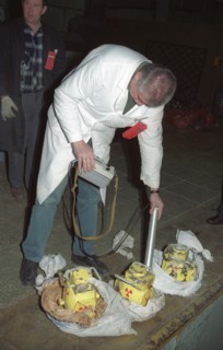 Yekaterinburg, russia, november 13, an expert seen measuring the radiation level of three containers which had been stolen at an enterprise in sverdlovsk region (the urals) by two criminals who were a...