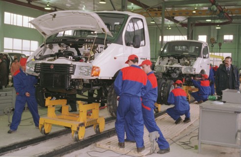 Assembly line of 'gazel' trucks (the gorky automobile works design) and the 'gaz-3307' medium loading lorries was started by the 'ukrvolgatekhservice' firm in the town of proliski, kiev region, ukrain...